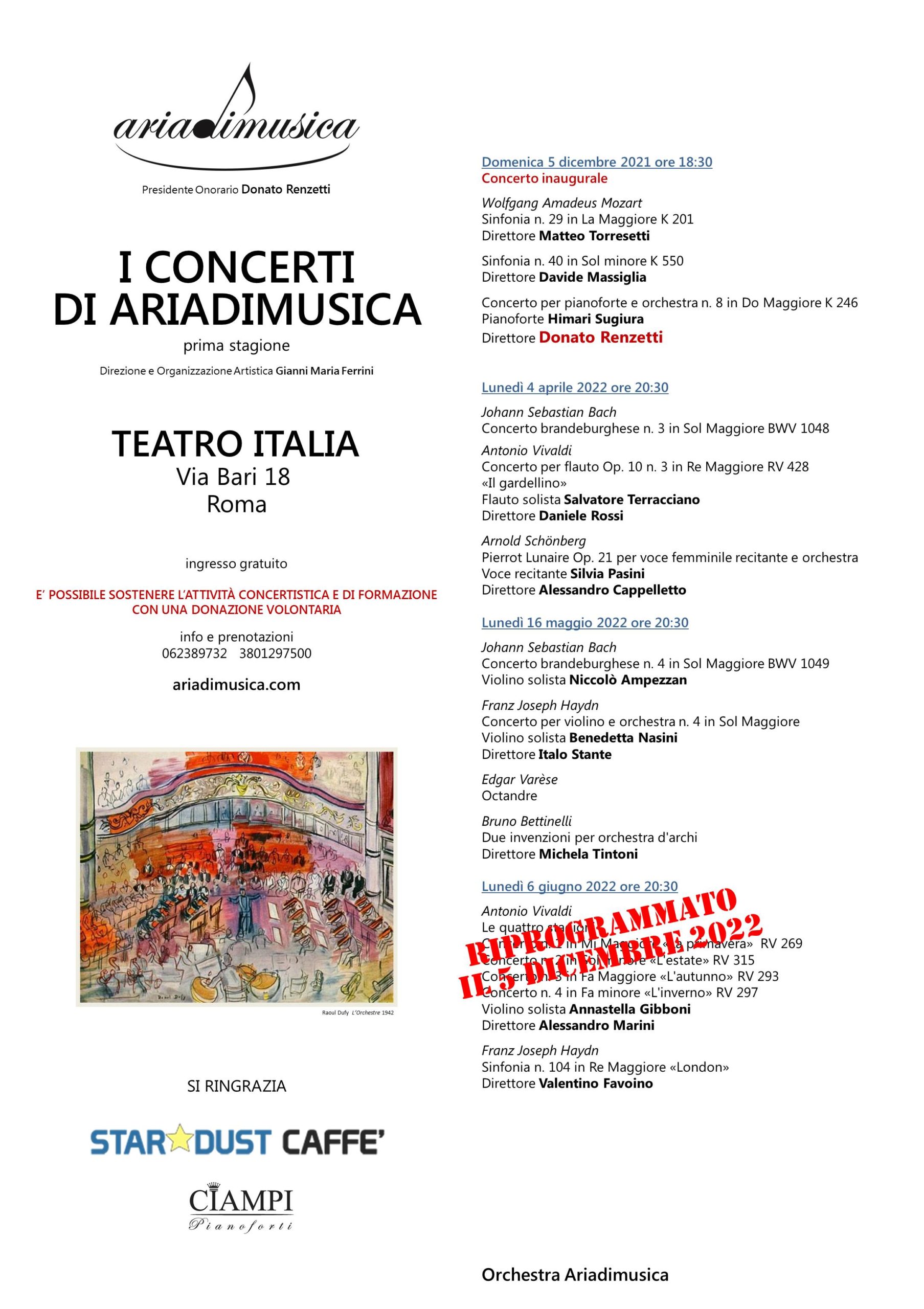 &quote;I Concerti di Ariadimusica&quote; Riprogrammato il concerto del 6 giugno al Teatro Italia